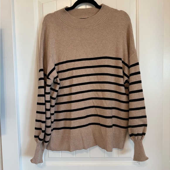 Sweaters - Super soft striped tan and black mock neck sweater women's L